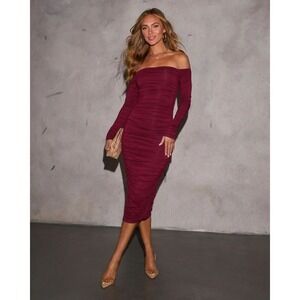 Vici NEW Twas The Night Drape Off The Shoulder Midi Dress - Wine / XL